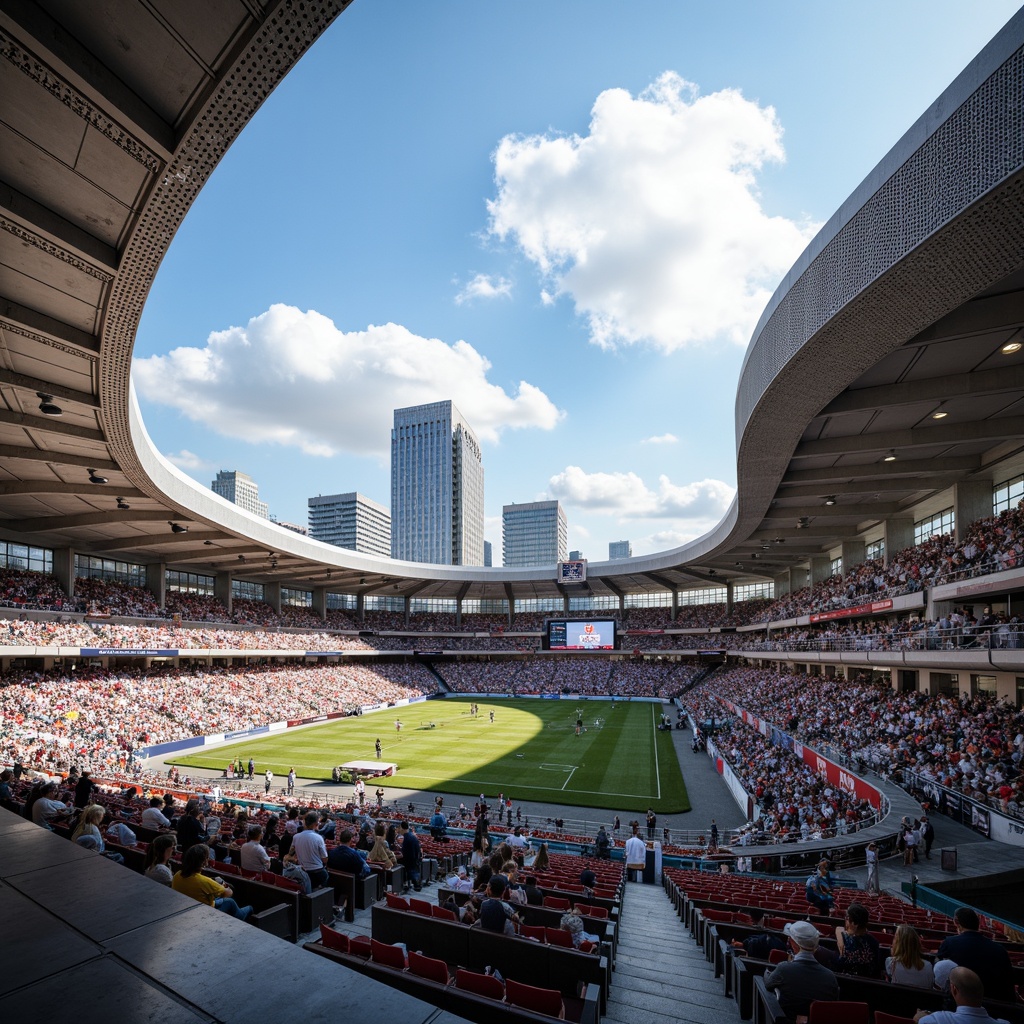 Prompt: Modern stadium architecture, perforated metal panels, sleek curved lines, cantilevered roofs, vibrant LED lighting, bustling crowd atmosphere, urban cityscape backdrop, sunny day with fluffy clouds, shallow depth of field, 1/2 composition, realistic reflections, ambient occlusion, natural stone flooring, polished concrete walls, dynamic sports equipment, athletic tracks, goalposts, scoreboards, spectator seating areas, VIP lounges, concession stands, modern amenities, sustainable building materials, energy-efficient systems.