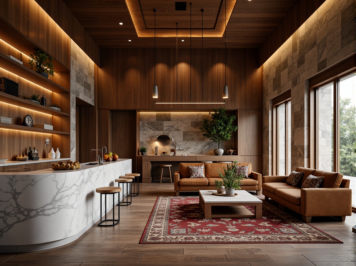 Prompt: Elegant interior space, rich wood accents, luxurious marble countertops, soft warm lighting, plush area rugs, comfortable velvet sofas, natural stone walls, reclaimed wooden floors, metallic decorative fixtures, earthy color palette, organic textures, subtle patterns, harmonious balance, 1/1 composition, shallow depth of field, realistic rendering.