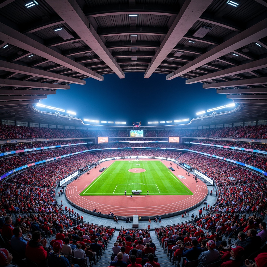 Prompt: Vibrant sports stadium, energetic crowd, bold team colors, dynamic LED lights, sleek modern architecture, angular lines, metallic materials, polished concrete floors, retractable roofs, lush green grass, athletic tracks, scoreboard displays, floodlighting, dramatic shadows, 3/4 composition, panoramic view, realistic textures, ambient occlusion.