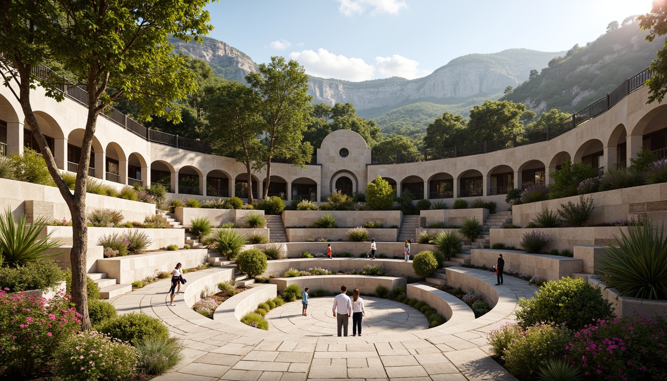 Prompt: Amphitheater-inspired constructivist architecture, grandiose stone steps, curved seating areas, ornate metal railings, lush greenery, vibrant flowers, natural rock formations, rustic wooden accents, earthy color palette, warm sunny day, soft diffused lighting, shallow depth of field, 3/4 composition, panoramic view, realistic textures, ambient occlusion.