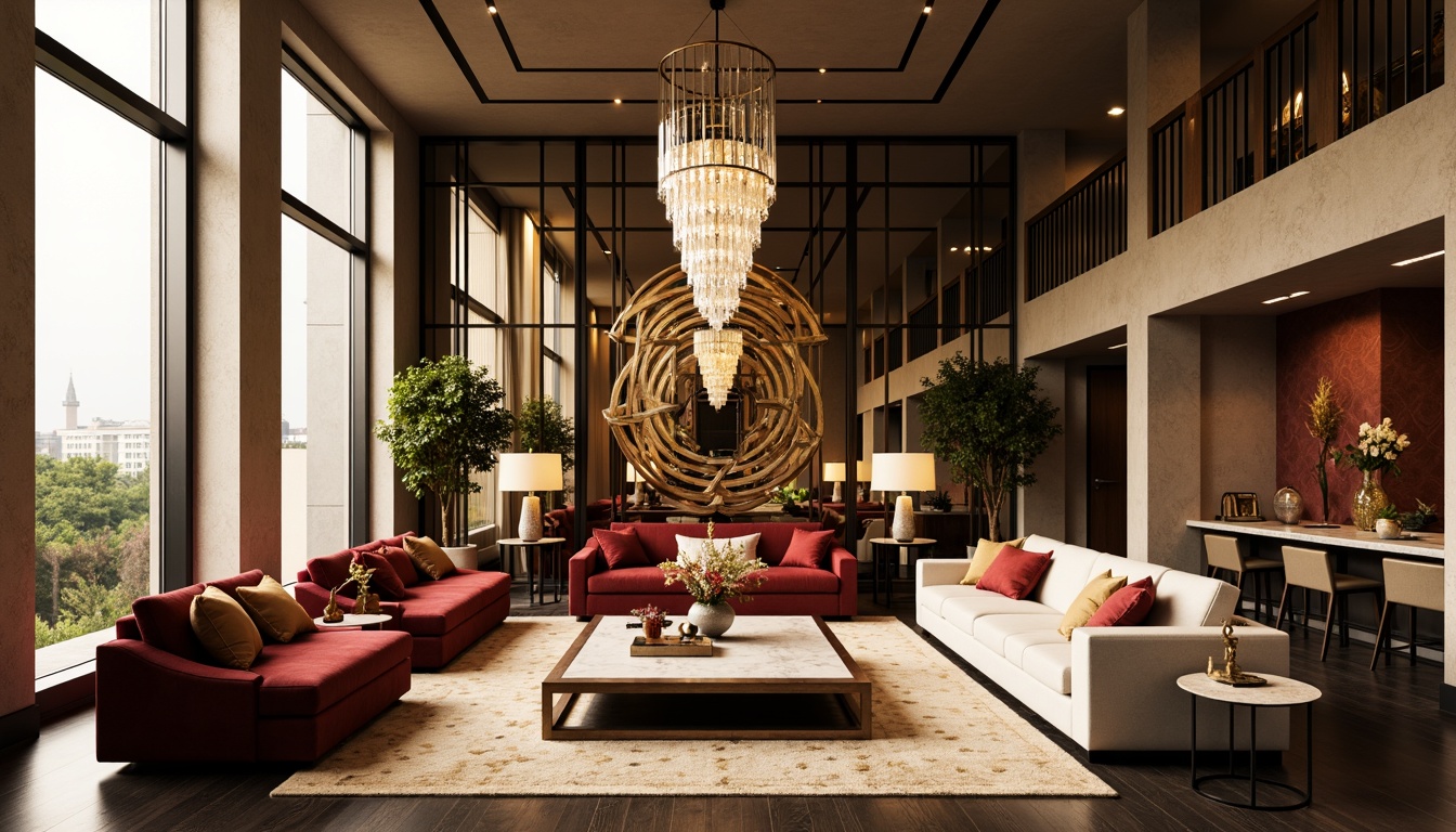 Prompt: Luxurious modern living room, Art Deco inspired furniture, metallic accents, geometric patterns, ornate mirrors, velvet sofas, marble coffee tables, crystal chandeliers, bold color schemes, opulent textiles, lavish drapery, sunlit windows, high ceilings, sleek lines, minimalist decor, sophisticated ambiance, warm golden lighting, shallow depth of field, 1/1 composition, realistic reflections, ambient occlusion.