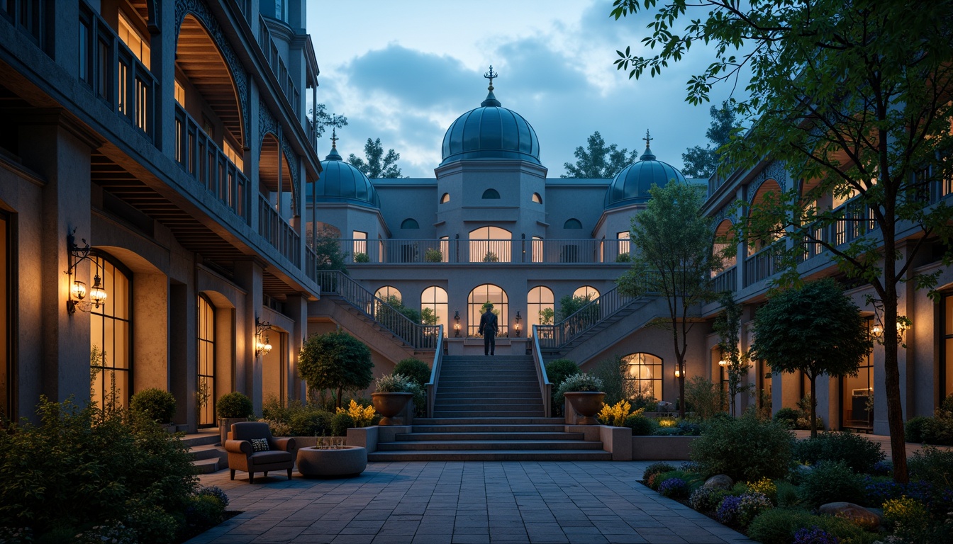 Prompt: Majestic navy blue domes, ornate golden accents, soft warm candlelight, intricate stone carvings, grand staircases, lavish chandeliers, rich velvet drapes, antique furniture pieces, mysterious secret gardens, whimsical ironwork, mystical foggy atmosphere, dramatic cloudy skies, 1/1 composition, low-key lighting, cinematic mood, nostalgic ambiance.