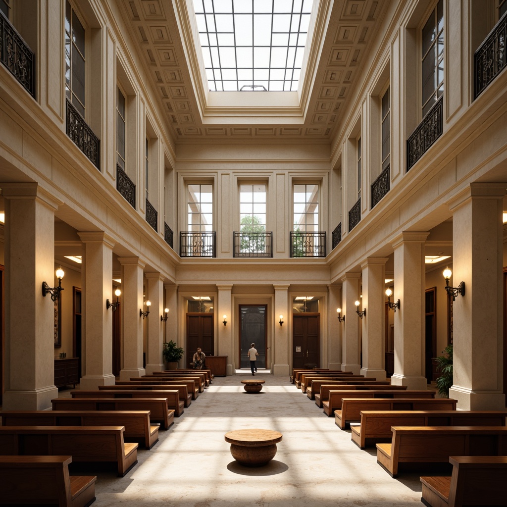 Prompt: Grand courthouse, neoclassical fa\u00e7ade, ornate columns, symmetrical architecture, high ceilings, marble floors, wooden benches, natural light pouring through clerestory windows, soft warm glow, subtle shadows, dramatic chandeliers, elegant sconces, warm beige tones, rich wood accents, solemn atmosphere, formal composition, central axis symmetry, shallow depth of field, 1/1 aspect ratio.