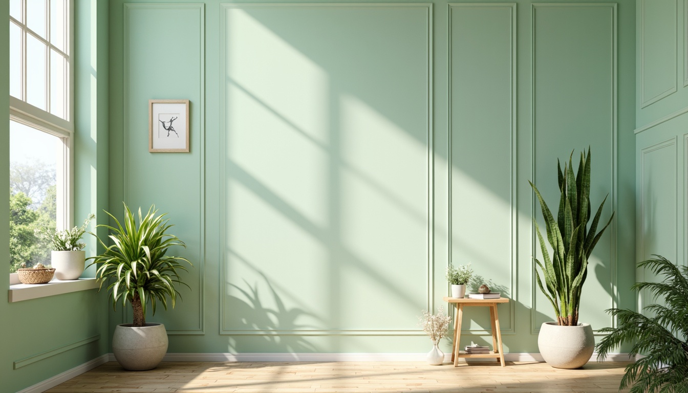 Prompt: Pastel mint walls, soft creamy trim, warm beige floors, natural wood accents, minimalist decor, calming atmosphere, abundant greenery, lush plants, delicate florals, subtle texture overlays, gentle gradient transitions, softbox lighting, shallow depth of field, 1/1 composition, realistic renderings, ambient occlusion.