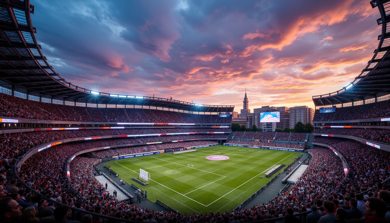 Prompt: Vibrant stadium atmosphere, energetic crowd, dynamic sports lighting, bold team colors, contrasting shades, gradient effects, metallic accents, sleek modern architecture, curved lines, geometric patterns, urban landscape, city skyline, evening sunset, warm golden hour, soft ambient glow, 1/2 composition, shallow depth of field, realistic textures, ambient occlusion.