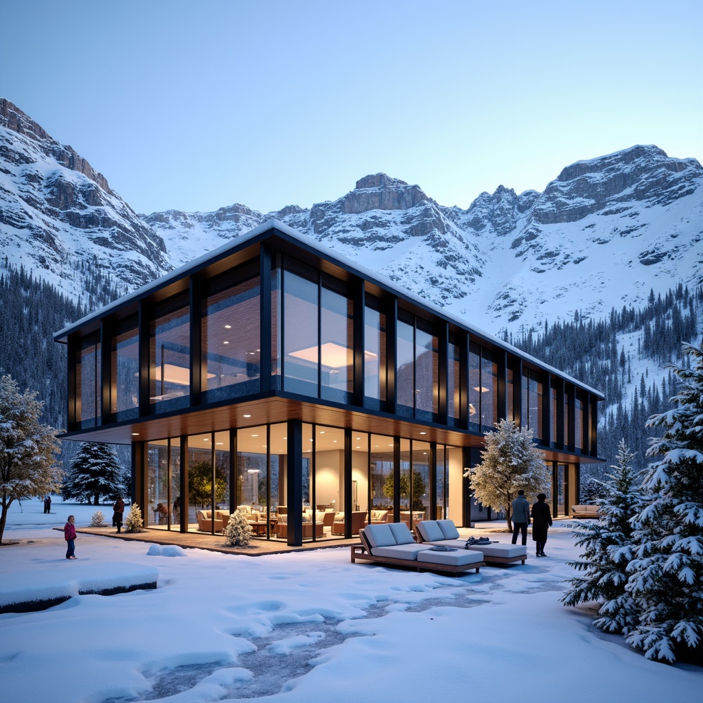 Prompt: Snow-capped mountains, frosty mornings, ski resort architecture, modern facade design, angular lines, metallic materials, glass surfaces, LED lighting installations, dynamic patterns, kinetic structures, wind-resistant designs, snow-load calculations, thermal insulation systems, energy-efficient solutions, sustainable building practices, wooden accents, rustic textures, cozy interior ambiance, warm lighting effects, 3/4 composition, shallow depth of field, panoramic views, realistic renderings, ambient occlusion.