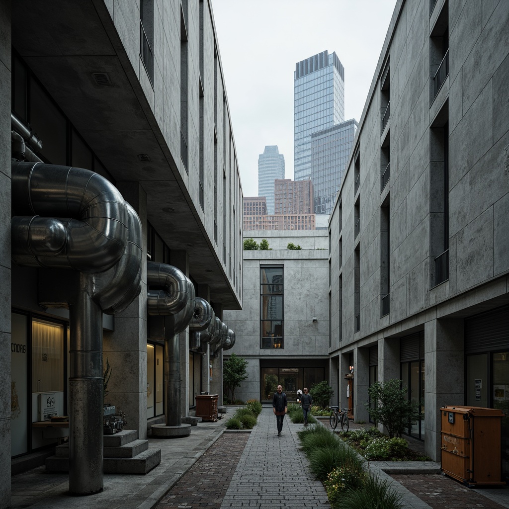 Prompt: Massive concrete forms, brutalist architecture, industrial distribution center, rugged textures, exposed ductwork, raw steel beams, functional minimalism, urban cityscape, overcast skies, dramatic shadows, high-contrast lighting, cinematic composition, symmetrical framing, bold geometric shapes, reinforced materials, utilitarian aesthetic, functional simplicity, mechanized systems, metallic accents, distressed finishes, monumental scale, imposing presence, atmospheric misting.