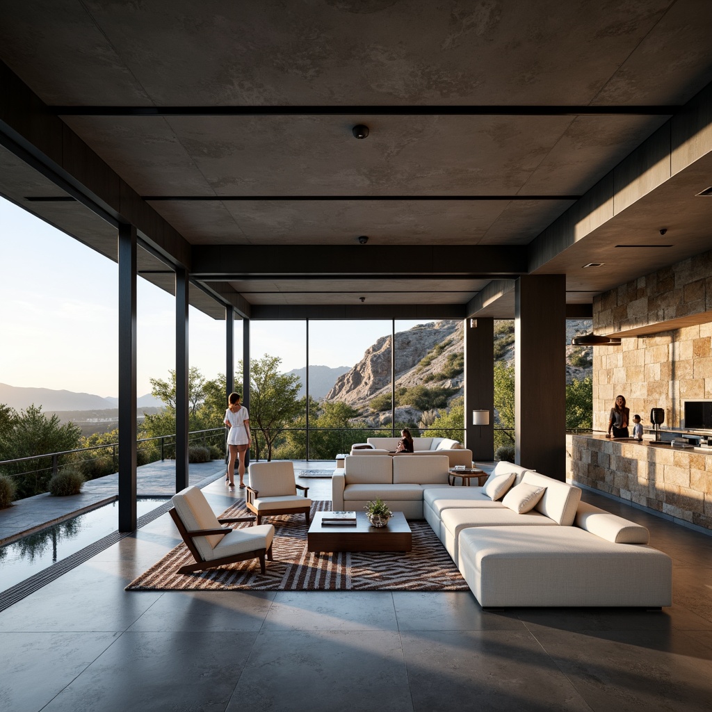 Prompt: Canyon-inspired modernist building interior, open-plan living space, minimalist decor, sleek low-profile furniture, polished concrete floors, industrial-style metal beams, floor-to-ceiling windows, panoramic canyon views, natural stone accent walls, geometric patterned rugs, monochromatic color scheme, ambient soft lighting, 1/1 composition, shallow depth of field, realistic textures, subtle shadows.