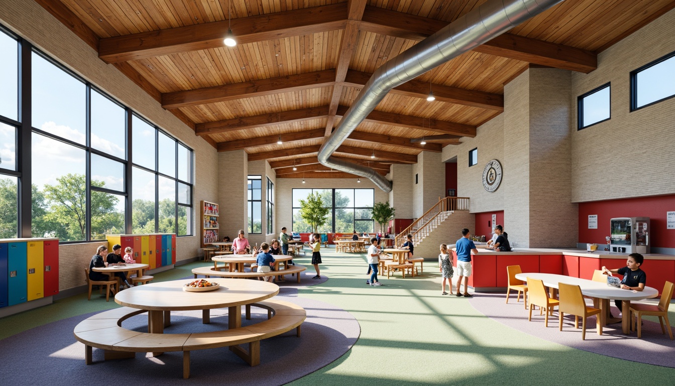 Prompt: Vibrant elementary school, curved brick fa\u00e7ade, large windows, wooden roof trusses, exposed ductwork, colorful lockers, educational signage, open classrooms, collaborative learning spaces, circular tables, ergonomic chairs, soft carpet flooring, natural stone walls, modern staircases, stainless steel handrails, LED lighting systems, 3/4 composition, shallow depth of field, panoramic view, realistic textures, ambient occlusion.