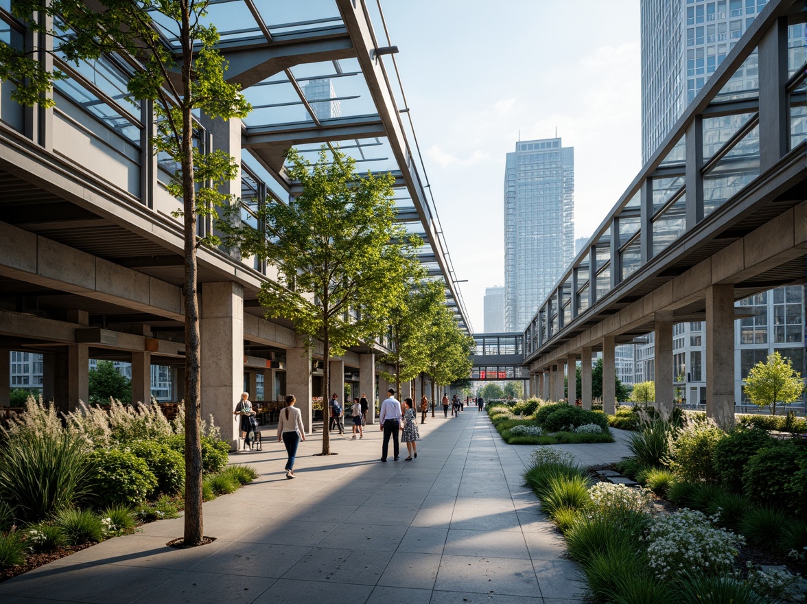 Prompt: Modern train station, sleek glass roofs, rainwater harvesting systems, green walls, lush vegetation, natural stone flooring, stainless steel handrails, LED lighting, energy-efficient systems, water conservation measures, grey water reuse, flood-resistant design, elevated platforms, cantilevered canopies, transparent glass fa\u00e7ades, urban landscape views, bustling city atmosphere, soft warm lighting, shallow depth of field, 3/4 composition, panoramic view, realistic textures, ambient occlusion.