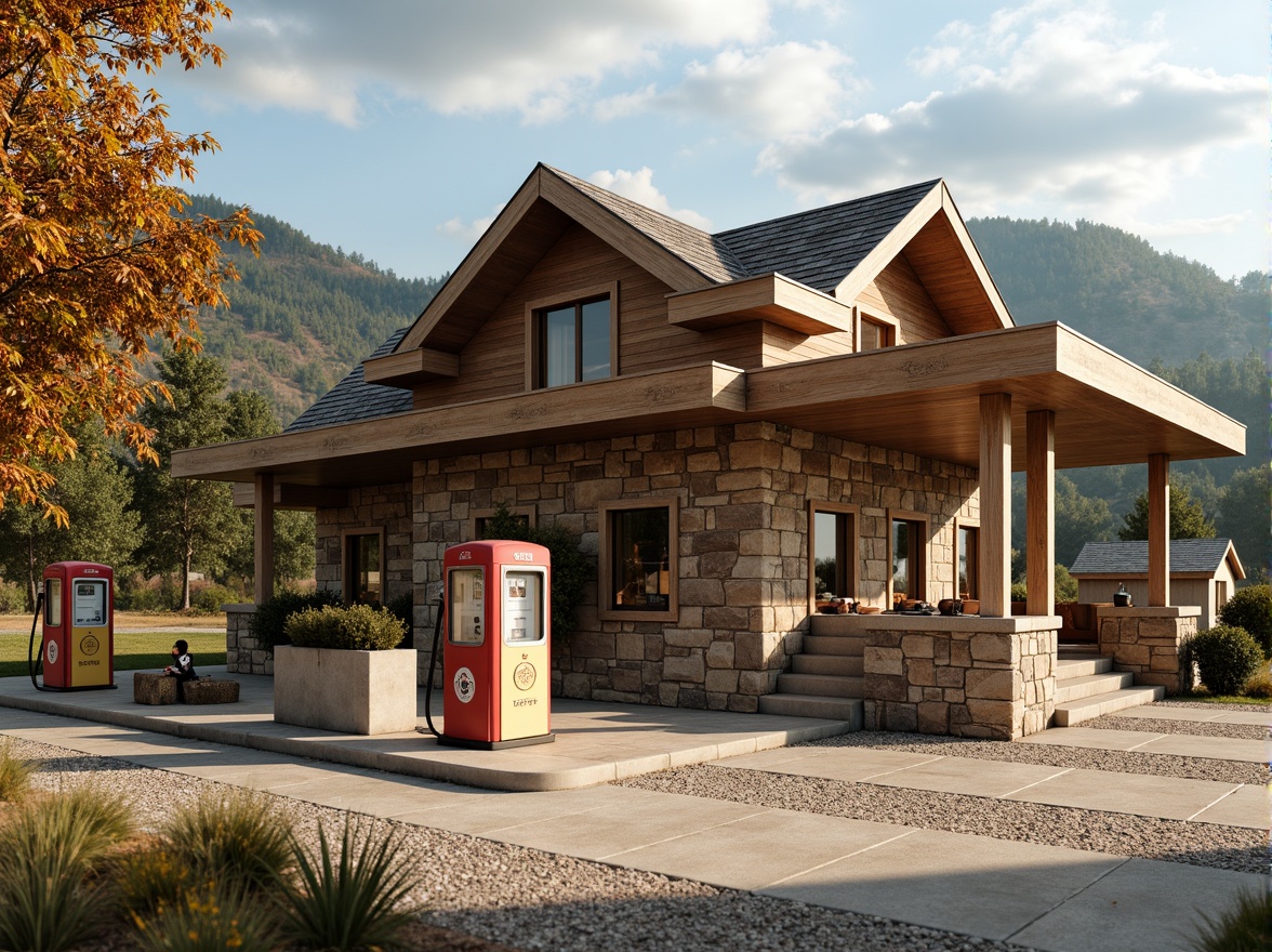 Prompt: Rustic gas station, regionalism style, earthy tones, natural stone walls, wooden accents, sloping roofs, vintage petrol pumps, retro-style signage, rural landscape, rolling hills, scattered trees, sunny afternoon, warm soft lighting, shallow depth of field, 1/2 composition, realistic textures, ambient occlusion.