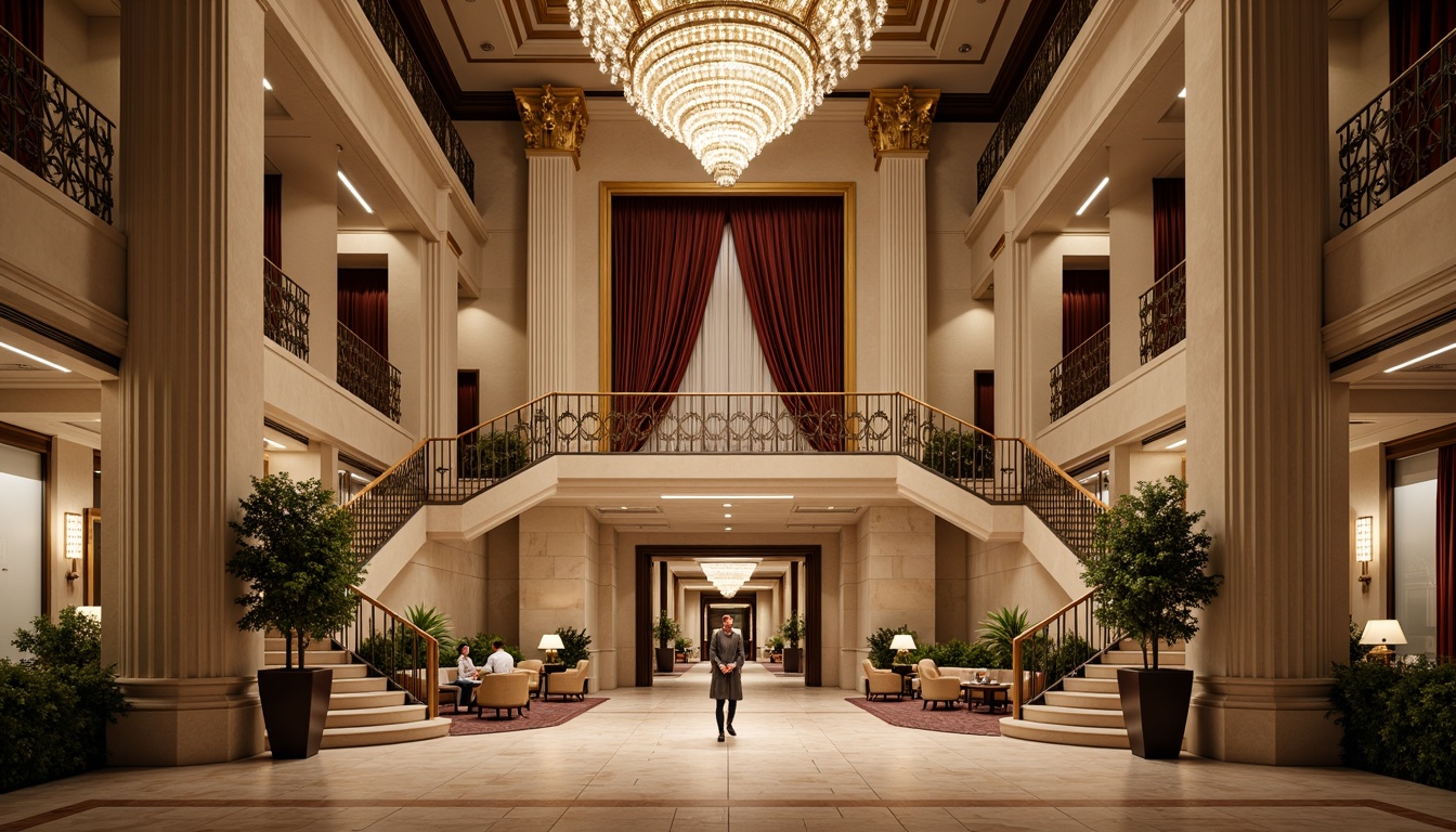 Prompt: Grandiose hotel facade, neoclassical architecture, ornate columns, intricately carved details, symmetrical composition, majestic entrance, opulent chandeliers, lavish furnishings, rich velvet drapes, gilded accents, marble floors, high ceilings, stately staircases, elegant balustrades, refined moldings, subtle lighting, warm beige tones, soft focus, shallow depth of field, 2/3 composition, realistic textures, ambient occlusion.