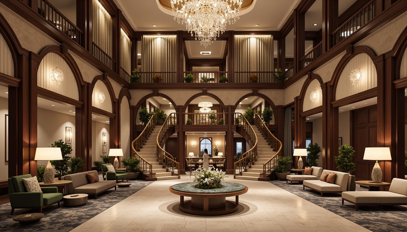 Prompt: Luxurious hotel lobby, rich wood tones, ornate furnishings, velvet drapes, golden accents, crystal chandeliers, marble floors, soft warm lighting, elegant archways, grand staircases, neoclassical columns, subtle patterned rugs, muted earthy colors, creamy whites, deep blues, emerald greens, warm beige, sophisticated ambiance, refined details, ornamental moldings, lavish textiles, intricate carvings.