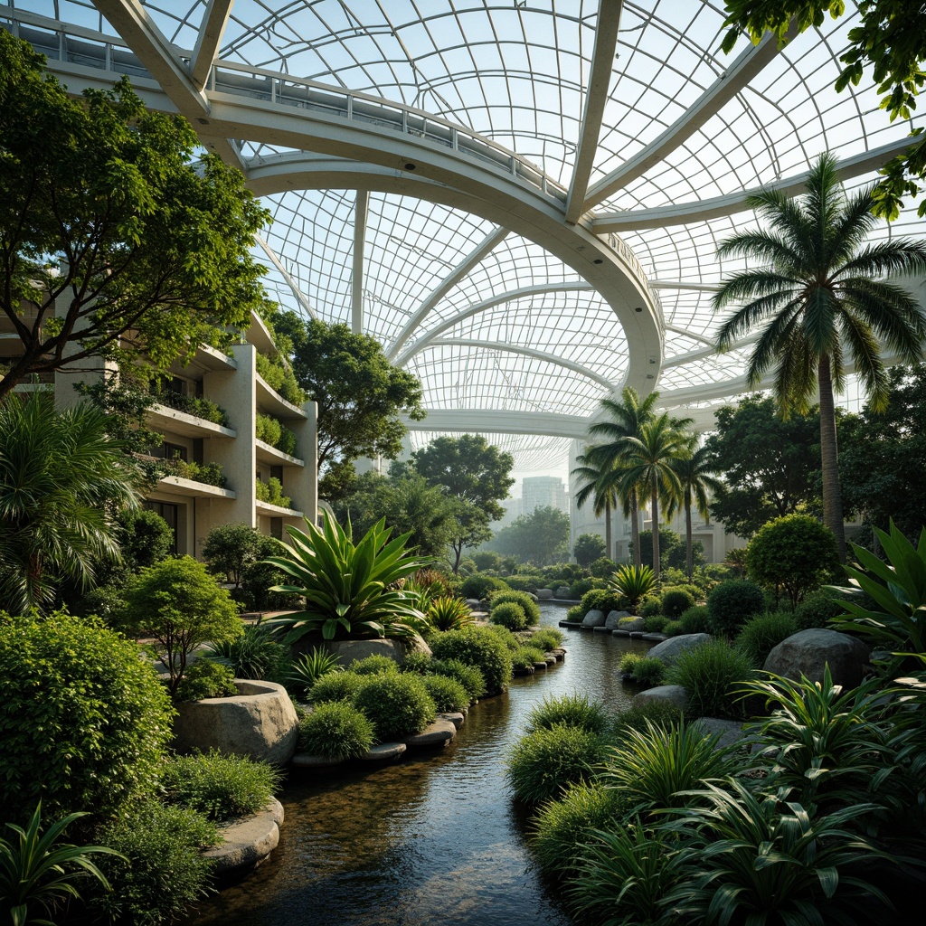 Prompt: Organic botanical gardens, curvaceous glass roofs, lush tropical plants, natural ventilation systems, sustainable energy harvesting, misting irrigation systems, warm diffused lighting, 3/4 composition, shallow depth of field, soft focus blur, vibrant green hues, intricate metal frameworks, minimalist structural design, futuristic architecture, large open spaces, panoramic views, realistic reflective surfaces, ambient occlusion.