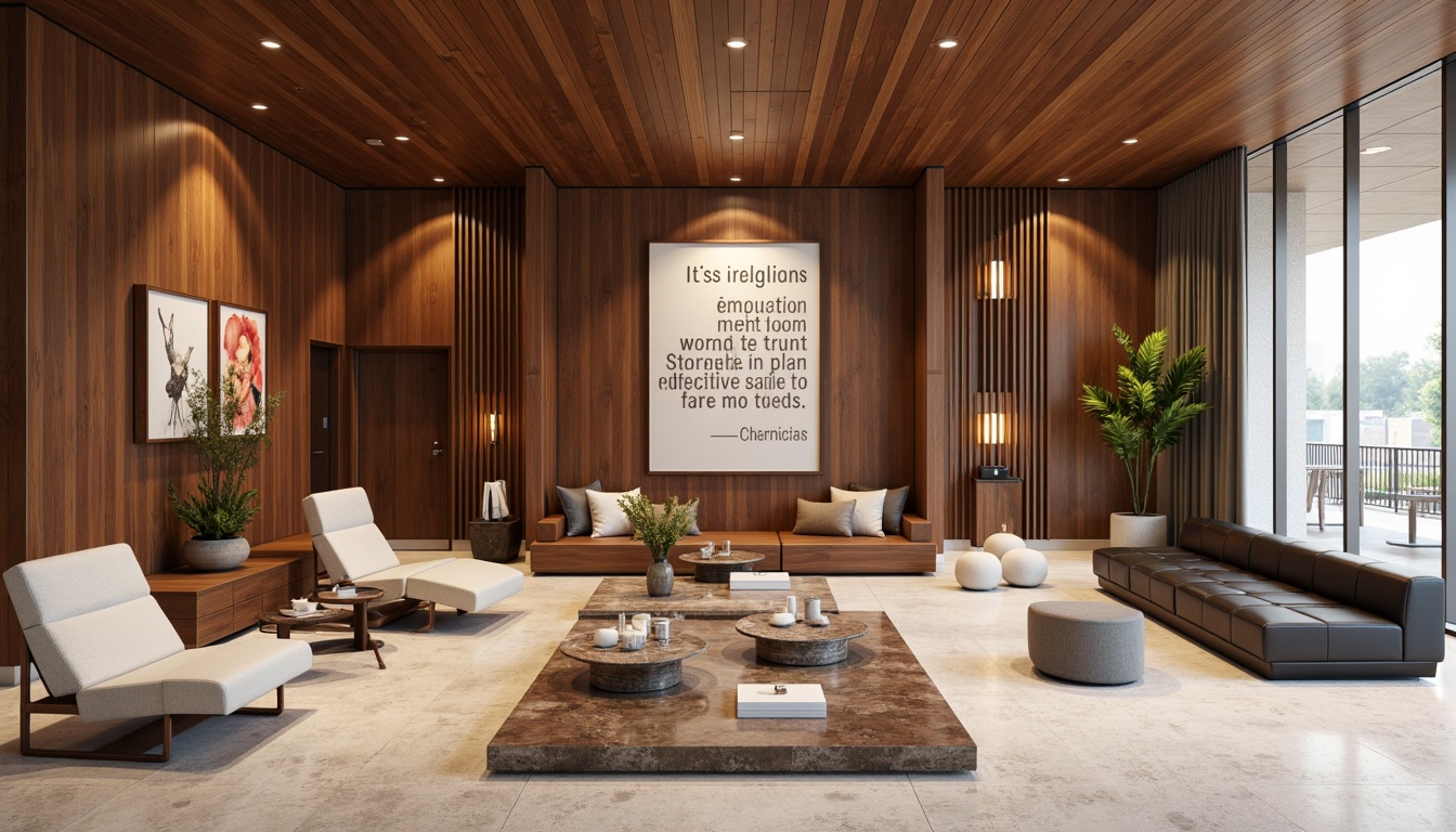 Prompt: Rich wood paneling, polished marble floors, soft warm lighting, comfortable seating areas, modern minimalist furniture, sleek metal accents, inspirational quotes, educational artwork, natural stone walls, sophisticated color schemes, refined textures, subtle patterns, calm atmosphere, shallow depth of field, 1/1 composition, realistic renderings, ambient occlusion.