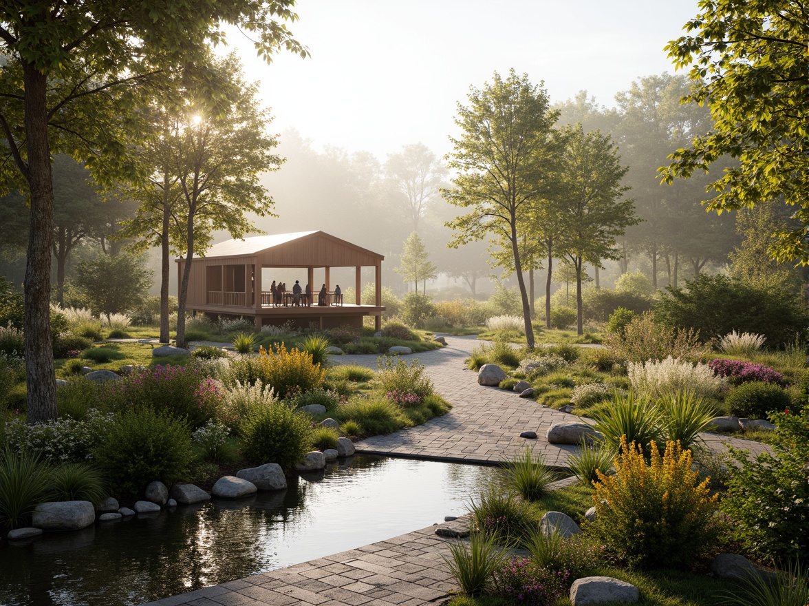 Prompt: Serene wetland landscape, lush vegetation, tranquil water features, meandering streams, natural stone pathways, wooden boardwalks, observation decks, educational signage, native plant species, vibrant wildflowers, soft misty atmosphere, warm golden lighting, shallow depth of field, 3/4 composition, panoramic view, realistic textures, ambient occlusion, harmonious integration with surrounding architecture, sustainable design principles, eco-friendly materials, innovative stormwater management systems.