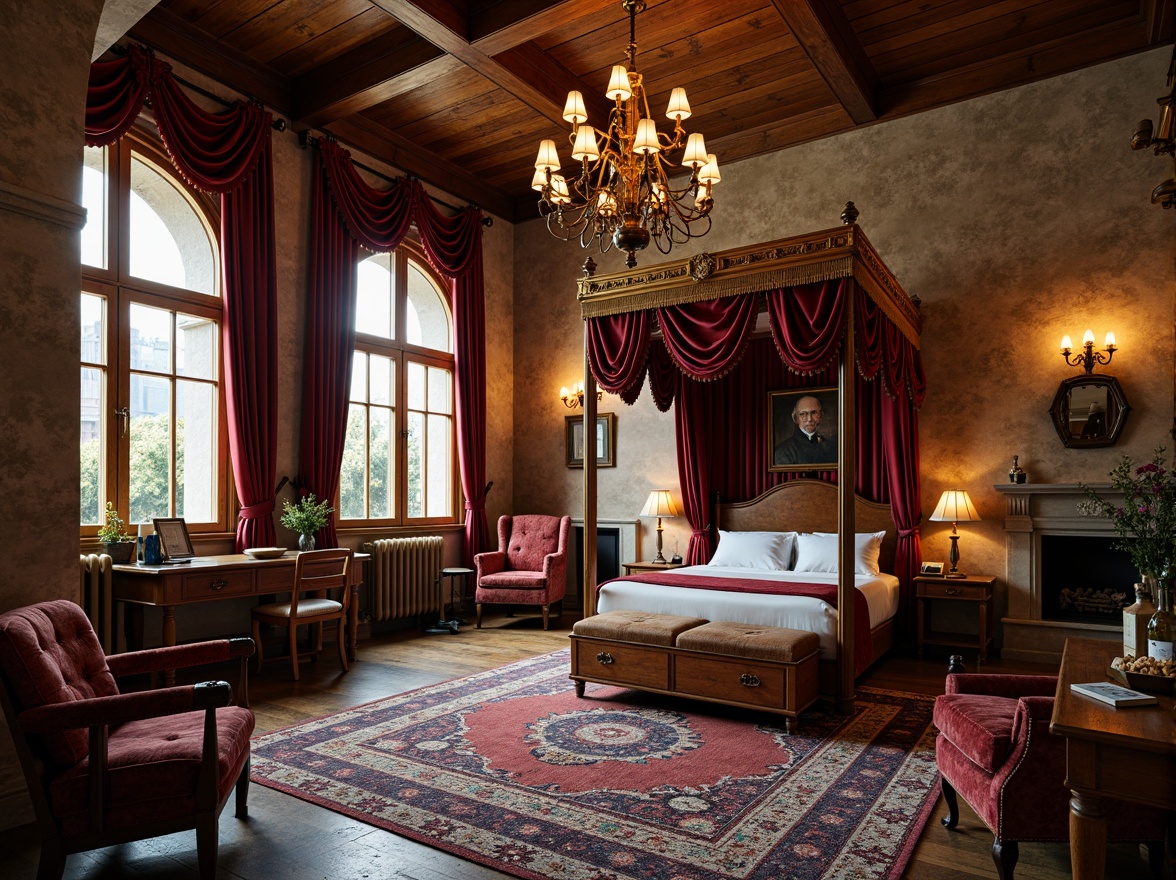 Prompt: Renaissance-style hostel interior, ornate wooden furniture, rich velvet fabrics, golden accents, grand chandeliers, stone walls, arched windows, rustic brick floors, cozy fireplaces, plush area rugs, vintage luggage racks, distressed leather armchairs, elegant four-poster beds, soft warm lighting, shallow depth of field, 1/1 composition, realistic textures, ambient occlusion.