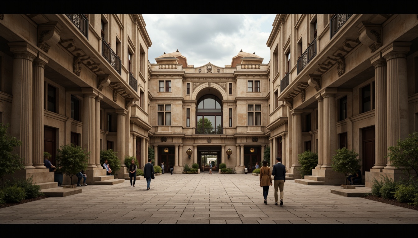 Prompt: Monumental buildings, imposing structures, robust columns, sturdy arches, grand entrances, ornate facades, symmetrical compositions, classical proportions, harmonious massing, balanced forms, natural stone materials, rough-hewn textures, earthy color palette, dramatic lighting effects, deep shadows, atmospheric perspective, 1/2 composition, low-angle view, cinematic mood.