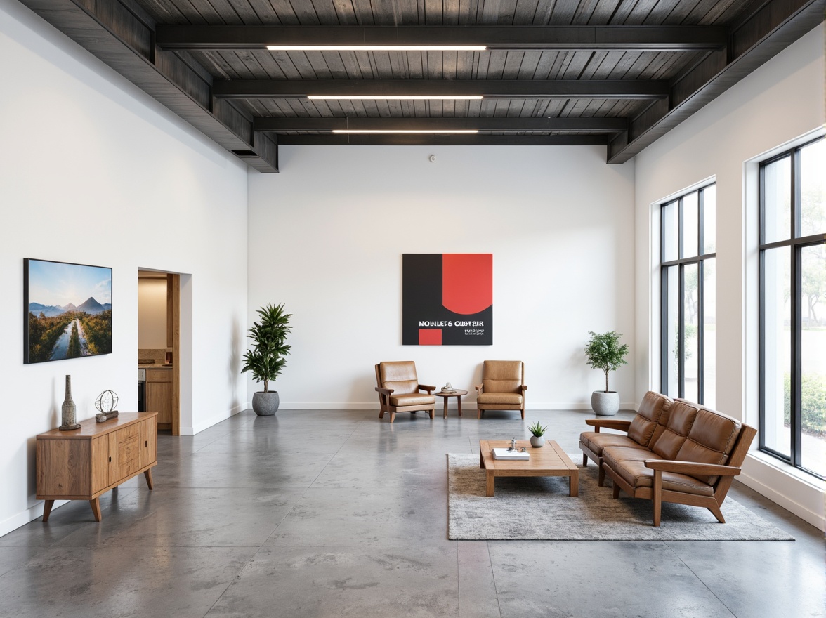 Prompt: Simple white walls, clean lines, minimal ornamentation, functional furniture, industrial materials, steel beams, concrete floors, large windows, natural light, open spaces, geometric shapes, primary color accents, bold typography, abstract artwork, sparse decor, empty space, dramatic shadows, high contrast lighting, 1/1 composition, symmetrical framing, realistic textures, subtle ambient occlusion.