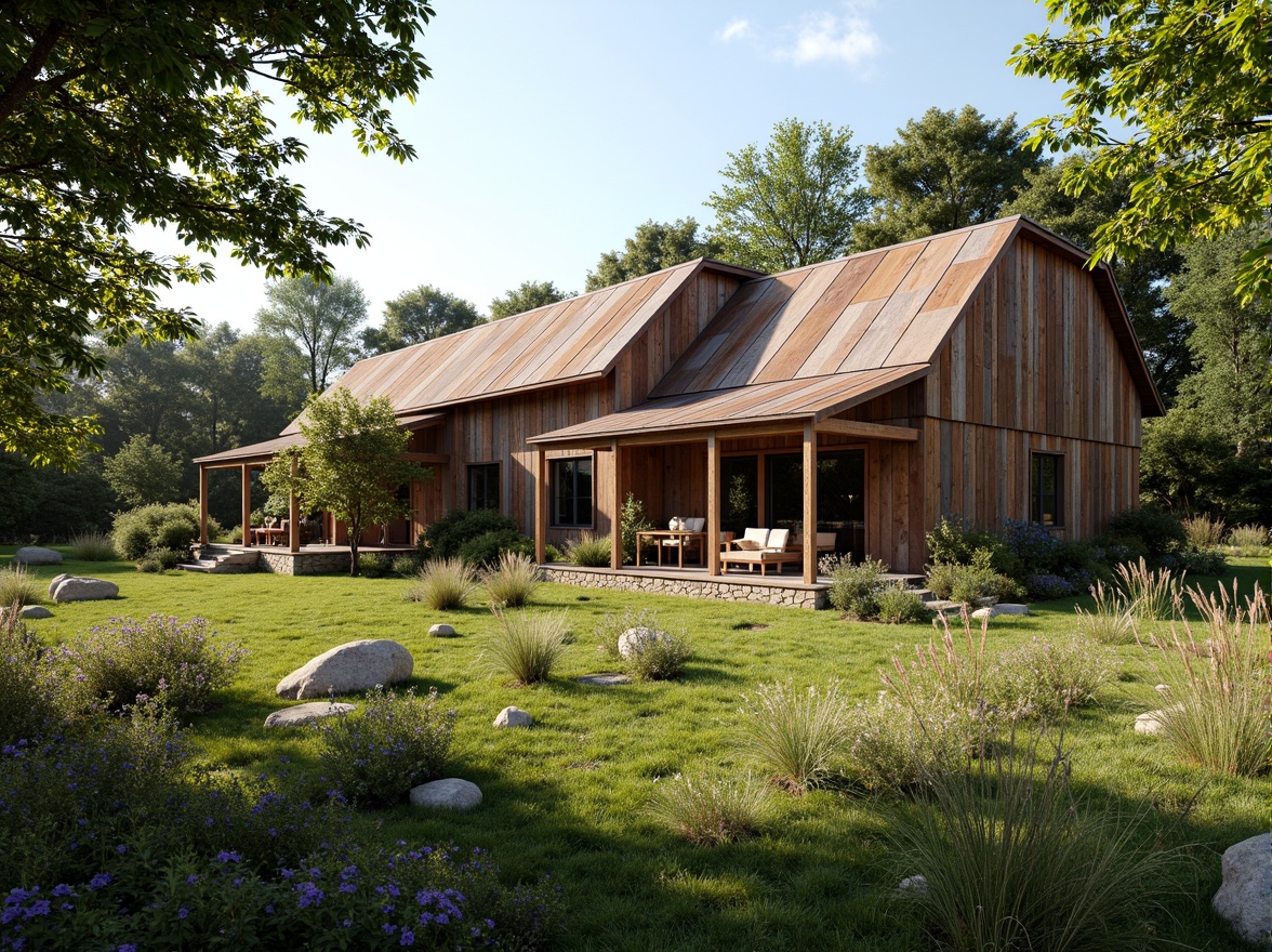 Prompt: Rustic barn, reclaimed wood, earthy tones, natural materials, weathered metal roofs, wooden beams, stone foundations, lush greenery, wildflowers, sunny day, soft warm lighting, shallow depth of field, 3/4 composition, panoramic view, realistic textures, ambient occlusion, eco-friendly design, sustainable building practices, rainwater harvesting systems, solar panels, wind turbines, composting toilets, recycled materials, low-carbon footprint, organic farm-to-table concept.