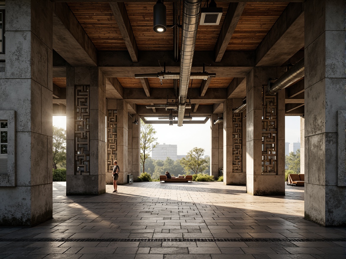 Prompt: Rugged pavilion, brutalist architecture, rough-hewn concrete walls, weathered stone floors, exposed ductwork, industrial metal beams, raw wooden accents, tactile brick textures, geometric patterned screens, dramatic natural light, harsh shadows, bold structural forms, monumental scale, urban landscape, overcast sky, diffused warm lighting, high contrast ratio, 1/2 composition, symmetrical framing, realistic material rendering.