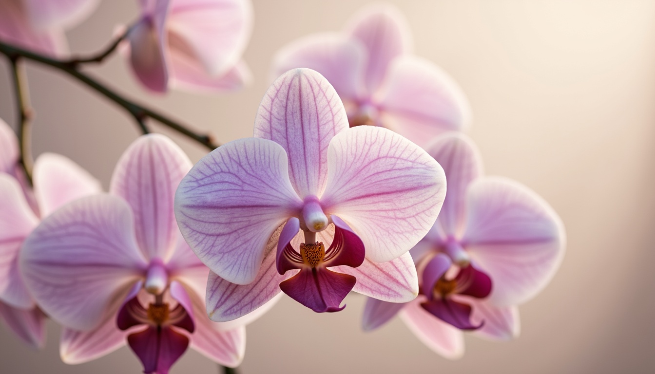 Prompt: Exquisite orchid-inspired color palette, soft pastel hues, delicate petals, subtle sheen, luxurious velvet textures, rich jewel tones, elegant gold accents, sophisticated modern design, refined minimalist aesthetic, creamy whites, blush pinks, lavender purples, powder blues, mauve undertones, warm beige backgrounds, dramatic lighting, shallow depth of field, 1/1 composition, realistic renderings, ambient occlusion.