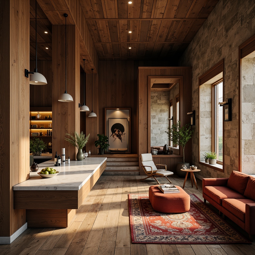 Prompt: Elegant interior space, rich wood accents, luxurious marble countertops, soft warm lighting, plush area rugs, comfortable velvet sofas, natural stone walls, reclaimed wooden floors, metallic decorative fixtures, earthy color palette, organic textures, subtle patterns, harmonious balance, 1/1 composition, shallow depth of field, realistic rendering.