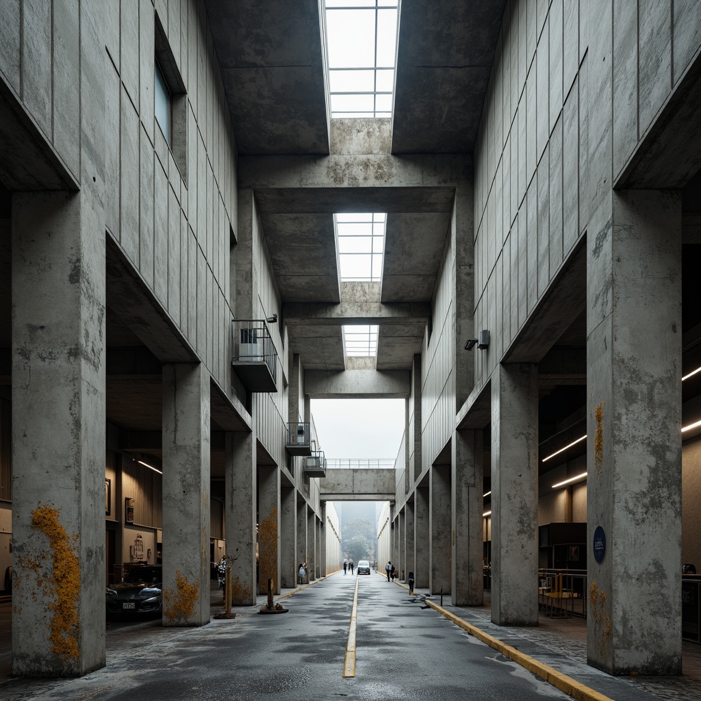 Prompt: Massive concrete forms, brutalist architecture, industrial distribution center, rugged textures, raw concrete walls, exposed ductwork, steel beams, functional minimalism, urban landscape, overcast skies, dramatic shadows, high-contrast lighting, cinematic composition, symmetrical framing, abstract geometric patterns, distressed metal accents, weathered wood tones, utilitarian aesthetic, functional simplicity, imposing scale, monumental presence.