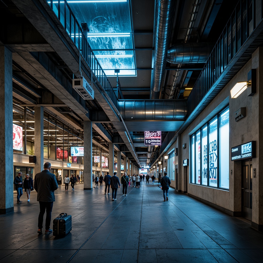 Prompt: Urban metro station, constructivist architecture, geometric shapes, industrial materials, exposed ductwork, metallic beams, concrete columns, vibrant urban art, LED light installations, futuristic ambiance, high-contrast lighting, dramatic shadows, dynamic angles, abstract patterns, brutalist textures, urban jungle atmosphere, rush hour crowds, fast-paced lifestyle, modern transportation hub, efficient infrastructure, sleek signage systems, bold typography, neon advertisements, bustling city sounds, shallow depth of field, 1/2 composition, cinematic view.