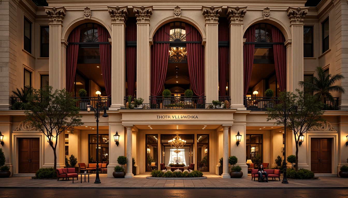 Prompt: Grandiose hotel facade, ornate columns, intricately carved stonework, majestic archways, vintage lamp posts, rich velvet drapes, antique furnishings, opulent chandeliers, lavish ballrooms, intricate moldings, neoclassical architecture, subtle warm lighting, shallow depth of field, 1/2 composition, realistic textures, ambient occlusion, historic landmark integration, nostalgic color palette, luxurious amenities, elegant lobby spaces, refined guest rooms, sophisticated interior design.