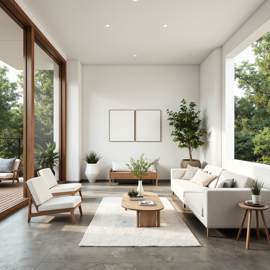 Prompt: Simple white walls, large windows, sliding glass doors, natural stone floors, minimal ornamentation, clean lines, monochromatic color scheme, abundant natural light, indirect sunlight, soft shadows, subtle textures, Nordic-inspired furniture, low-profile sofas, sleek coffee tables, potted greenery, airy atmosphere, calm ambiance, shallow depth of field, 1/1 composition, realistic rendering, ambient occlusion.