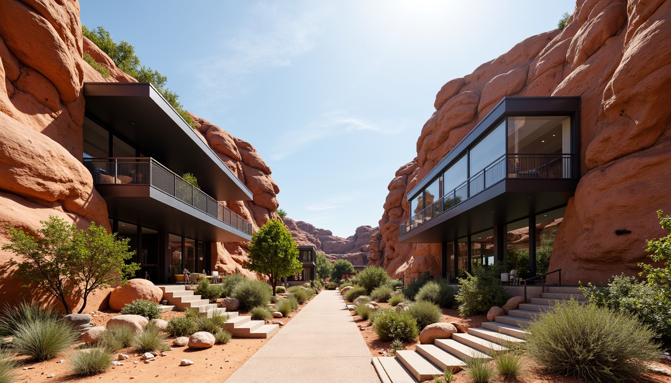 Prompt: Rugged canyon landscape, rust-colored rock formations, modernist architecture, cantilevered buildings, steel frames, glass facades, minimalist design, clean lines, industrial materials, exposed ductwork, polished concrete floors, reclaimed wood accents, metal mesh railings, floor-to-ceiling windows, sliding glass doors, natural ventilation systems, passive solar design, desert flora, succulent plants, sandy terrain, warm sunny day, high contrast lighting, dramatic shadows, 1/1 composition, symmetrical framing, realistic textures, ambient occlusion.