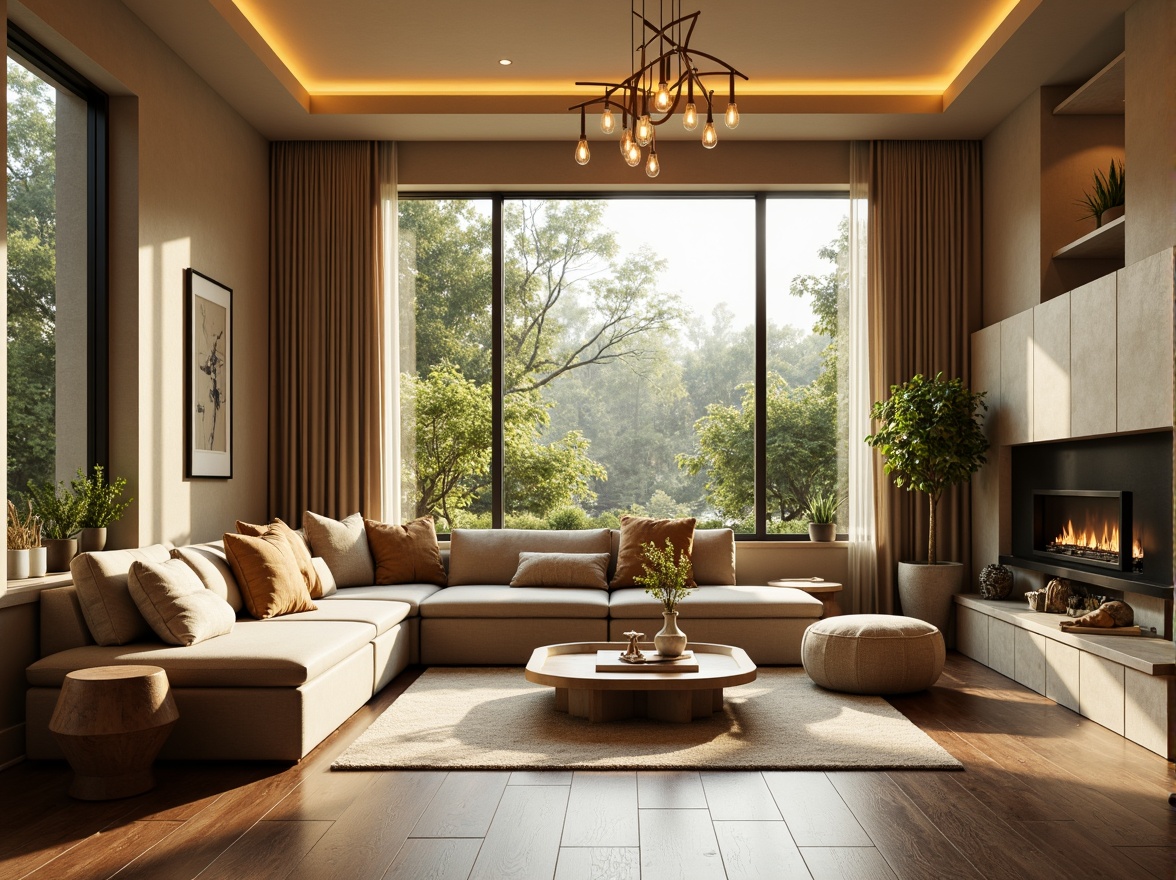 Prompt: Cozy living room, plush sofas, warm beige walls, rich wood flooring, soft golden lighting, comfortable throw pillows, modern minimalist decor, large windows, natural daylight, lush greenery views, elegant chandeliers, sophisticated color palette, calming atmosphere, shallow depth of field, 1/1 composition, realistic textures, ambient occlusion.