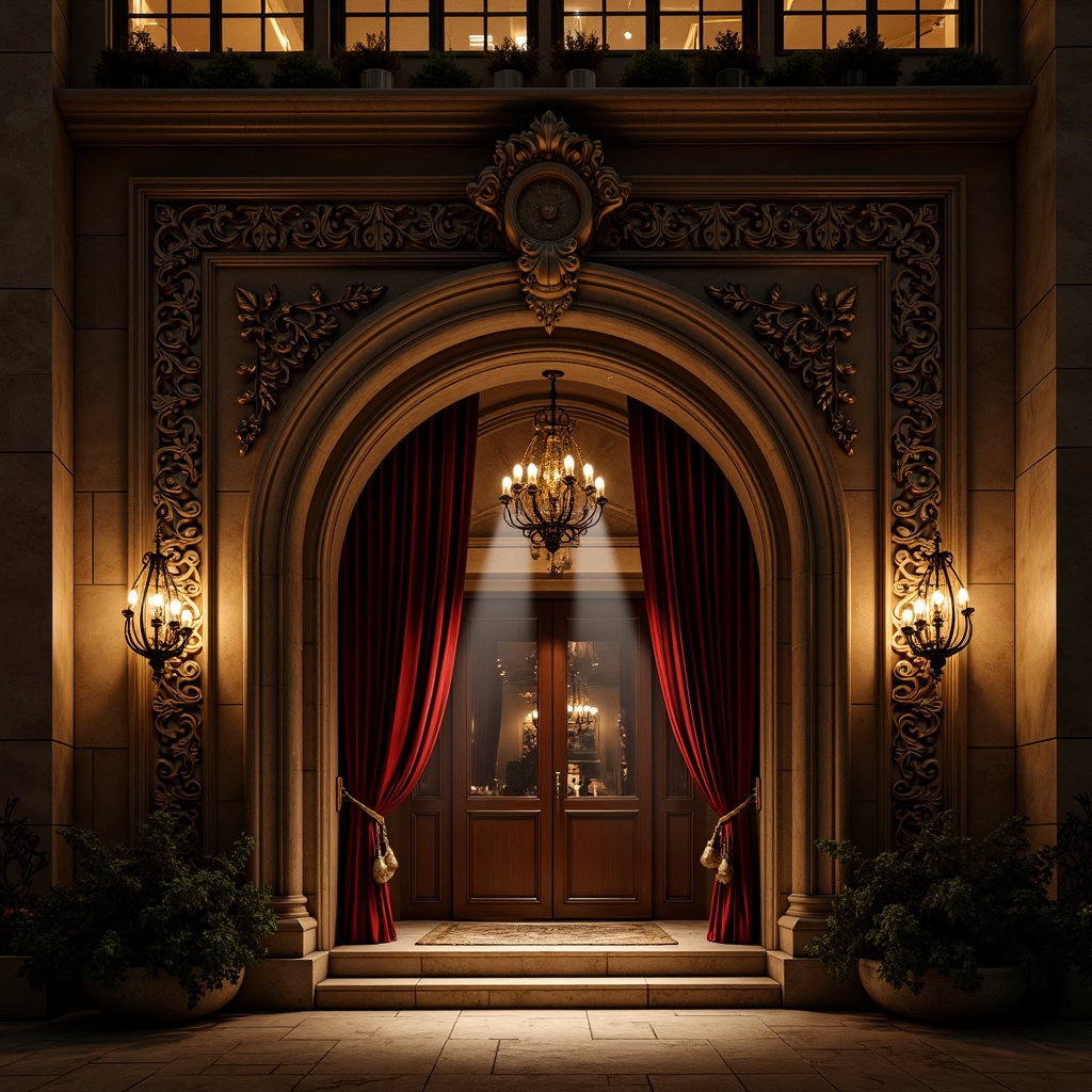 Prompt: Majestic nightclub facade, Romanesque arches, ornate stone carvings, grand entrance, heavy wooden doors, intricate ironwork, warm golden lighting, soft misty atmosphere, mysterious shadows, luxurious velvet drapes, lavish chandeliers, rich wood paneling, antique bronze fixtures, dramatic spotlights, 1/2 composition, low-angle shot, cinematic mood, high-contrast rendering.