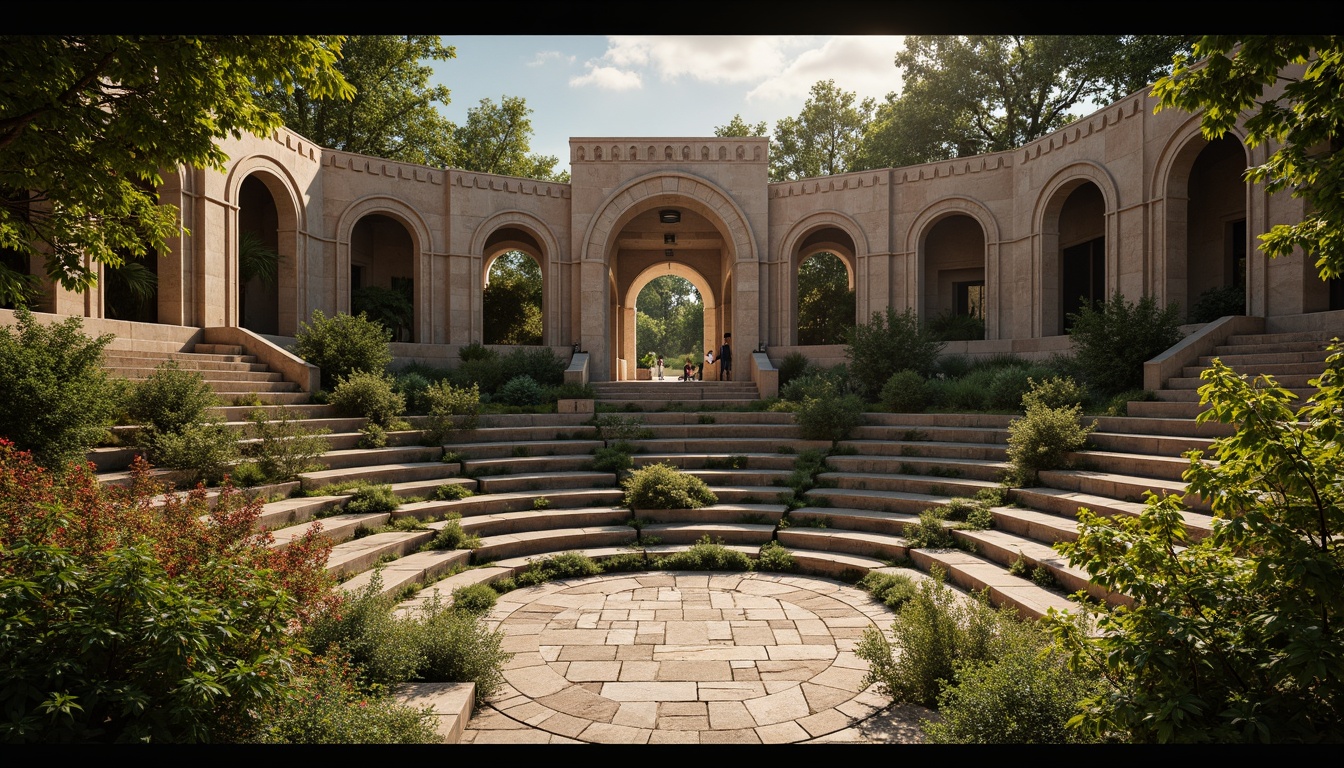 Prompt: Rustic stone amphitheater, Romanesque arches, ornate carvings, grand entrance gates, weathered stone walls, moss-covered steps, lush greenery, vibrant flowers, natural stone seating, curved rows of benches, dramatic spotlights, warm golden lighting, shallow depth of field, 1/2 composition, symmetrical framing, realistic textures, ambient occlusion.