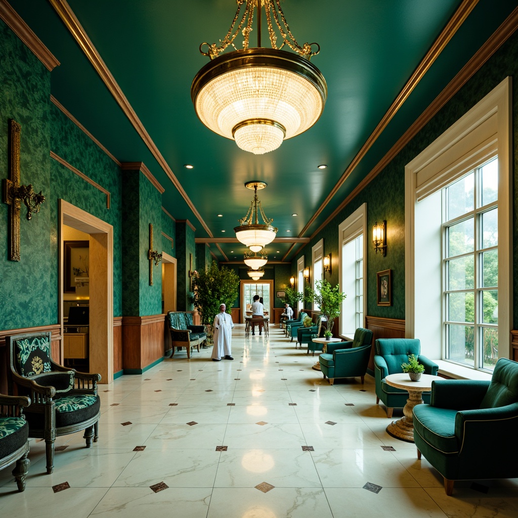 Prompt: Luxurious hospital interior, rich jewel tones, emerald green walls, navy blue accents, polished chrome fixtures, geometric patterns, ornate metalwork, lavish chandeliers, creamy white marble floors, warm golden lighting, soft focus, shallow depth of field, 1/2 composition, elegant typography, vintage medical equipment, sophisticated ambiance.