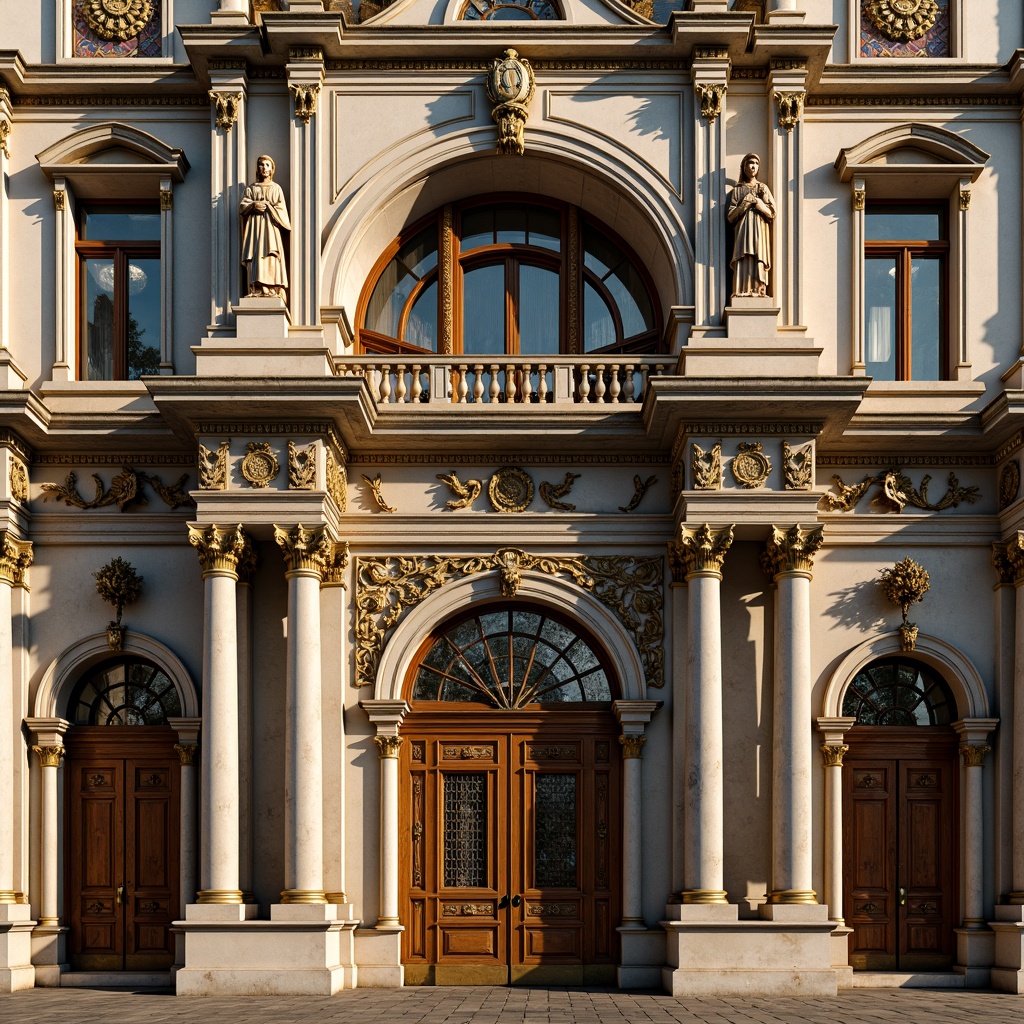 Prompt: Ornate church facade, intricately carved stone walls, gilded details, ornamental columns, grand entranceways, rusticated quoins, weathered limestone, aged bronze doors, stained glass windows, vibrant frescoes, decorative pediments, sculpted saints, lavish ornamentation, warm golden lighting, dramatic shadows, high contrast ratio, 1/2 composition, symmetrical framing, realistic normal maps.