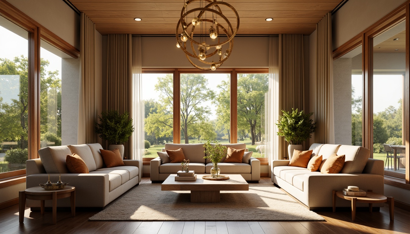 Prompt: Cozy living room, plush sofas, warm beige walls, rich wood flooring, soft golden lighting, comfortable throw pillows, modern minimalist decor, large windows, natural daylight, lush greenery views, elegant chandeliers, sophisticated color palette, calming atmosphere, shallow depth of field, 1/1 composition, realistic textures, ambient occlusion.