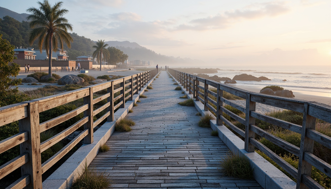 Prompt: Weathered steel bridges, rustic wooden railings, ocean-inspired blue accents, salt-resistant materials, driftwood-textured concrete, wave-patterned metal grilles, sea-salt-eroded stone piers, misty morning atmosphere, soft golden lighting, shallow depth of field, 1/1 composition, symmetrical framing, realistic water simulations, ambient occlusion, coastal pathway connections, beachside promenades, seaside vegetation integration.