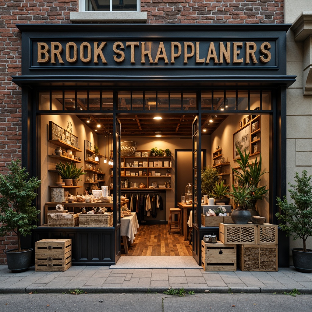 Prompt: Rustic storefront, reclaimed wood facades, exposed brick walls, metal accents, industrial chic decor, vintage signage, distressed finishes, earthy color palette, natural stone flooring, wooden crates, woven baskets, pendant lighting, warm ambient glow, shallow depth of field, 1/1 composition, realistic textures, ambient occlusion.