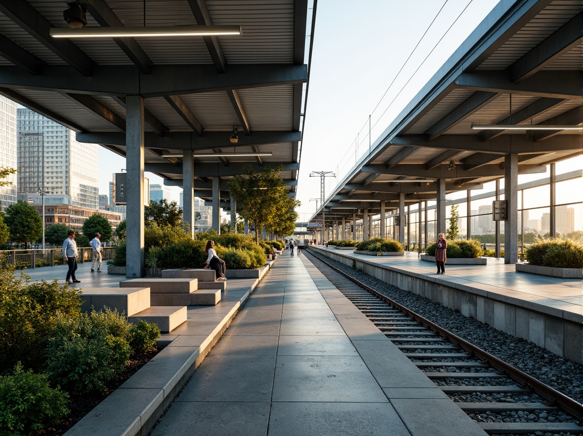 Prompt: Modern train station, sleek glass roofs, rainwater harvesting systems, green walls, lush vegetation, natural stone flooring, stainless steel handrails, LED lighting, energy-efficient systems, water conservation measures, grey water reuse, flood-resistant design, elevated platforms, cantilevered canopies, transparent glass fa\u00e7ades, urban landscape views, bustling city atmosphere, soft warm lighting, shallow depth of field, 3/4 composition, panoramic view, realistic textures, ambient occlusion.