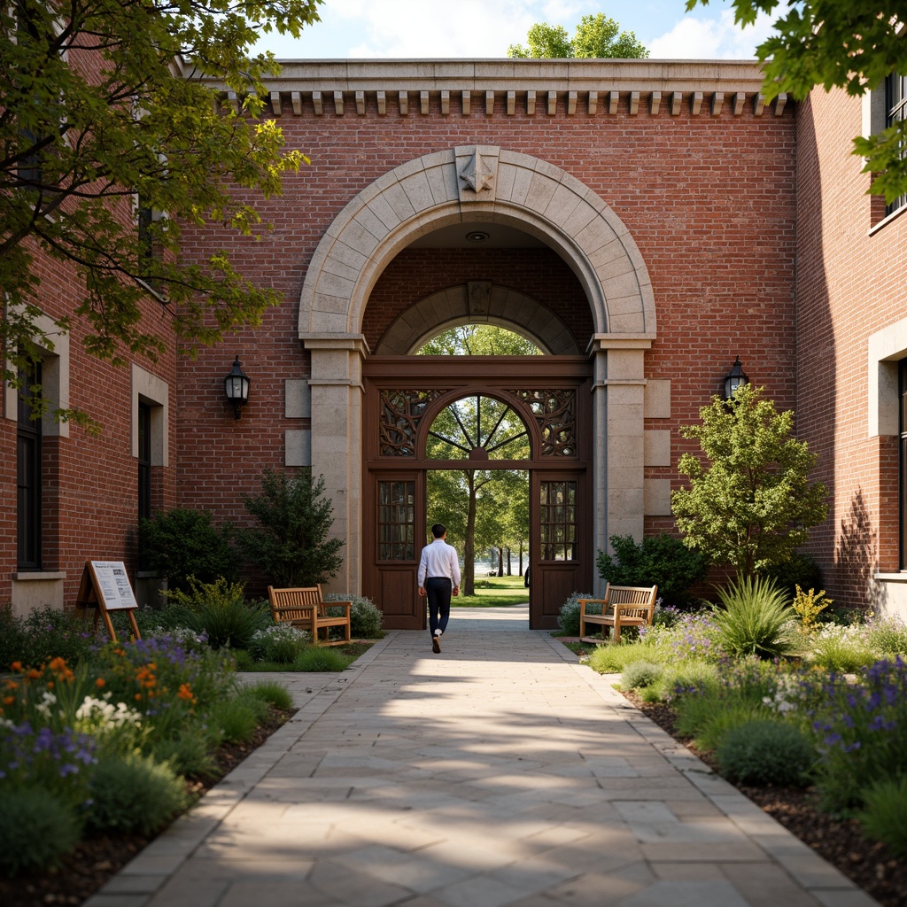 Prompt: Rustic brick walls, ornate stone carvings, grandiose entrance gates, lush greenery, vibrant flowers, educational signs, wooden benches, natural stone walkways, Gothic-inspired arches, Romanesque columns, intricate stonework, warm earthy tones, soft warm lighting, shallow depth of field, 3/4 composition, panoramic view, realistic textures, ambient occlusion.