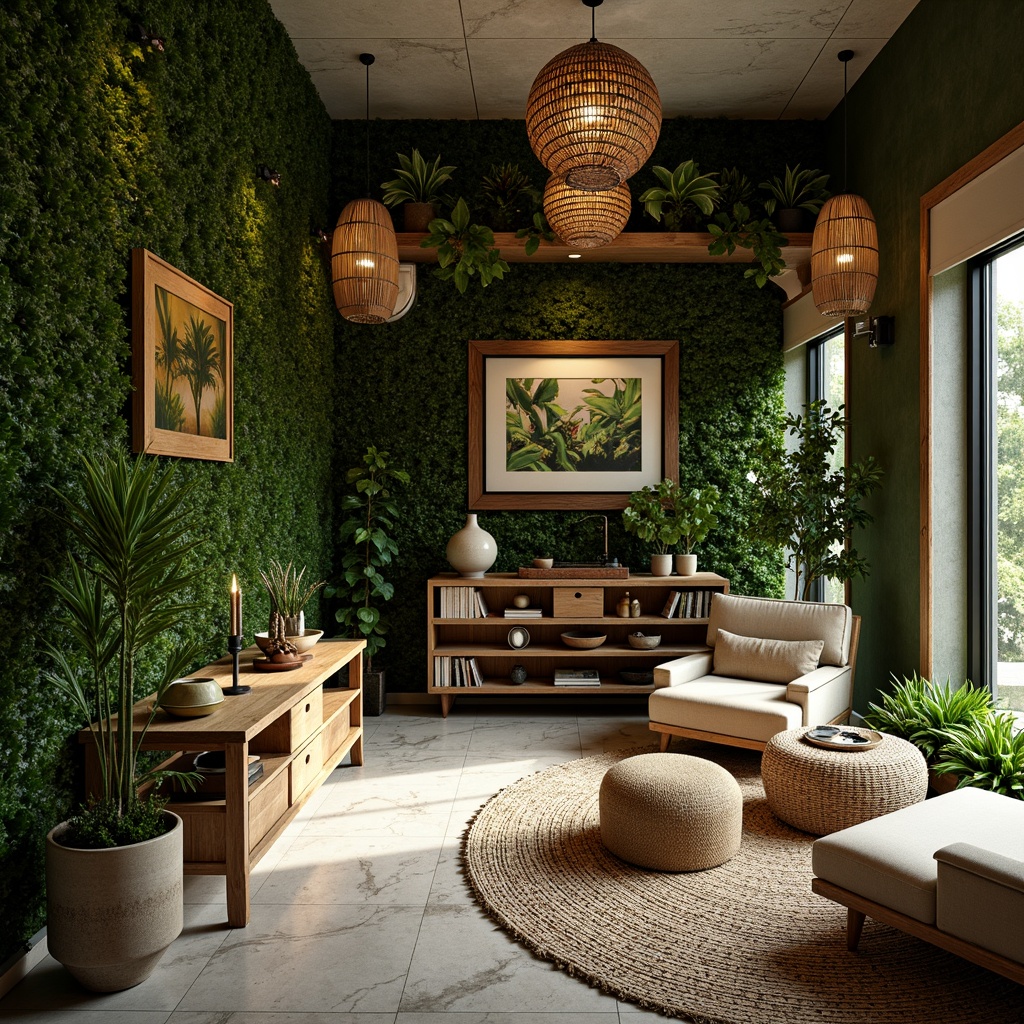 Prompt: Lush green walls, reclaimed wood accents, natural stone flooring, living walls with lush foliage, hanging planters, botanical prints, earthy color palette, organic textures, woven bamboo furniture, rattan decor, natural fiber rugs, warm ambient lighting, soft diffused light, 1/1 composition, intimate atmosphere, cozy nooks, nature-inspired patterns, organic shapes, eco-friendly materials.