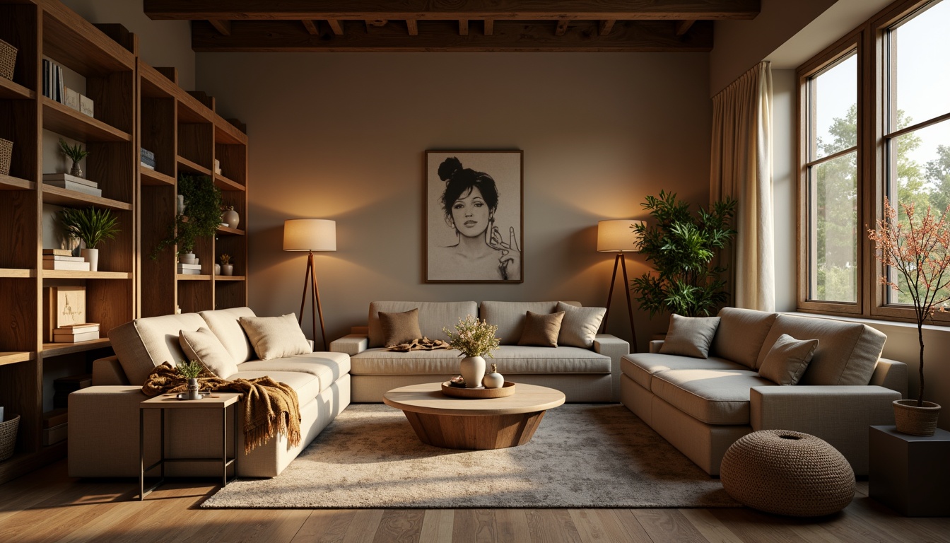 Prompt: Cozy living room, plush sofas, soft cushions, warm throw blankets, natural fiber upholstery, velvet fabrics, subtle sheen, earthy tones, comfortable seating, ergonomic design, ambient lighting, floor lamps, table lamps, warm beige walls, dark wood accents, woven baskets, potted plants, calming atmosphere, relaxing ambiance, soft focus, shallow depth of field, 1/1 composition, realistic textures.