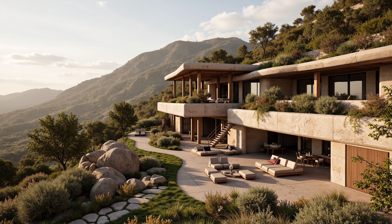 Prompt: Rustic hillside, natural stone walls, earthy tones, organic curves, cantilevered roofs, large overhangs, wooden accents, steel beams, minimalist decor, floor-to-ceiling windows, sliding glass doors, panoramic views, surrounding landscape, native vegetation, winding pathways, outdoor seating areas, soft warm lighting, shallow depth of field, 3/4 composition, realistic textures, ambient occlusion.