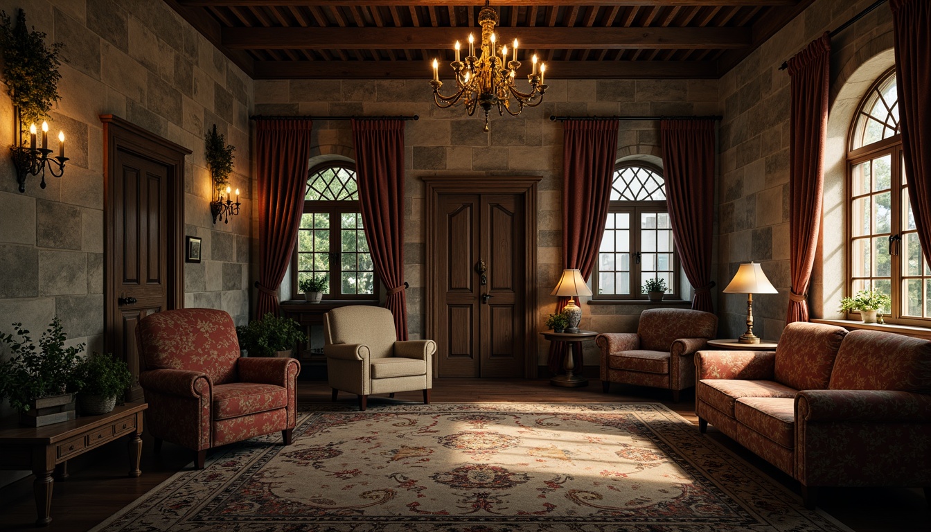 Prompt: Rustic stone walls, worn wooden doors, ornate ironwork, stained glass windows, grand chandeliers, velvet drapes, intricate carvings, soft candlelight, warm earthy tones, natural textures, distressed finishes, vintage furniture, floral patterns, luxurious fabrics, mysterious ambiance, dramatic lighting, 1/2 composition, low-key illumination, cinematic mood.