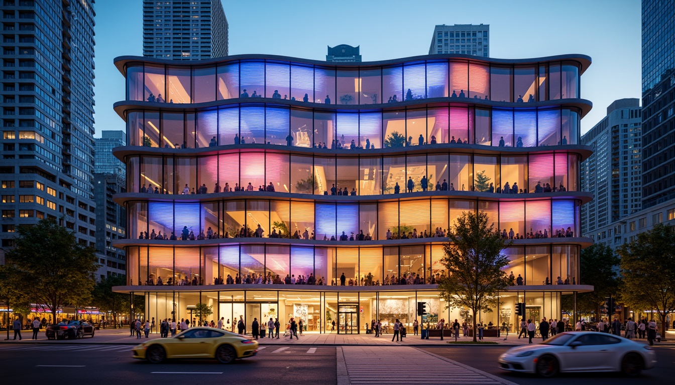 Prompt: Vibrant performing arts center, dynamic LED light installations, undulating curves, translucent glass fa\u00e7ades, cantilevered balconies, polished metal accents, futuristic architecture, angular lines, geometric patterns, urban cityscape, bustling streets, evening atmosphere, warm golden lighting, shallow depth of field, 1/1 composition, realistic textures, ambient occlusion.