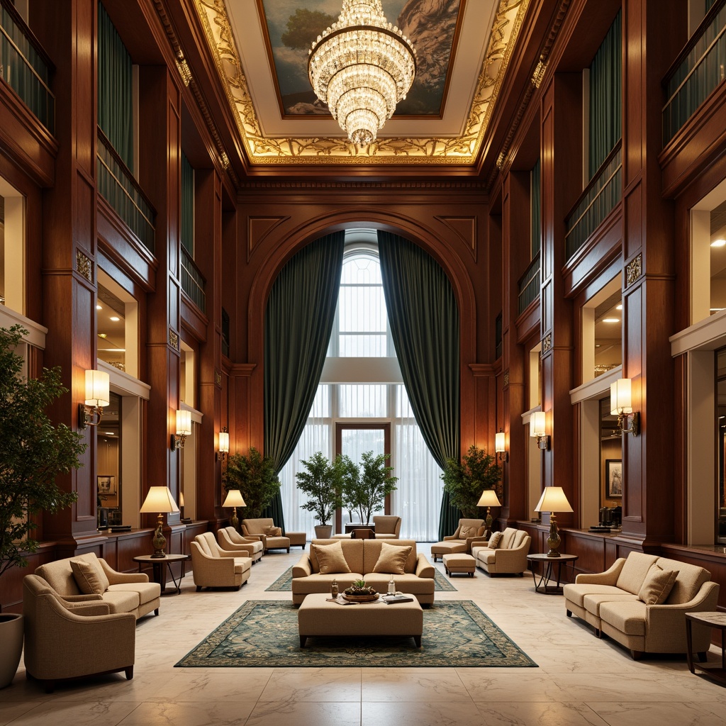 Prompt: Luxurious hotel lobby, rich wood tones, ornate furnishings, velvet drapes, golden accents, crystal chandeliers, marble floors, soft warm lighting, elegant archways, grand staircases, neoclassical columns, subtle patterned rugs, muted earthy colors, creamy whites, deep blues, emerald greens, warm beige, sophisticated ambiance, refined details, ornamental moldings, lavish textiles, intricate carvings.