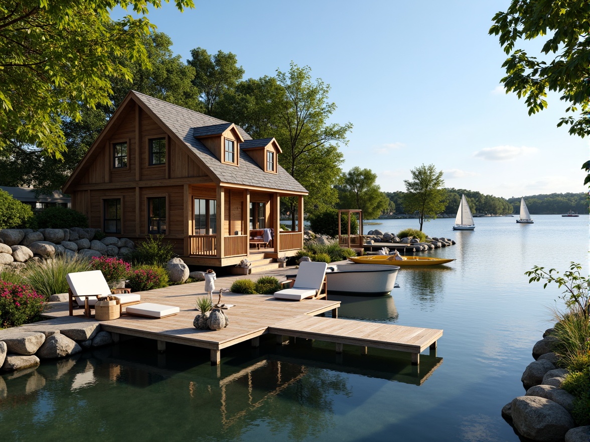 Prompt: Waterfront boathouse, rustic wooden dock, serene lake scenery, lush greenery, vibrant flowers, natural stone walls, wooden accents, nautical decorations, sailboats, kayaks, paddleboards, tranquil atmosphere, warm sunny day, soft diffused lighting, shallow depth of field, 3/4 composition, panoramic view, realistic textures, ambient occlusion.