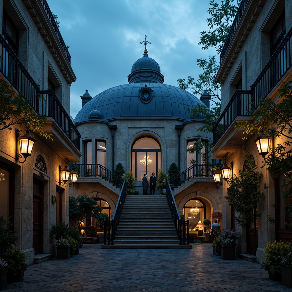 Prompt: Majestic navy blue domes, ornate golden accents, soft warm candlelight, intricate stone carvings, grand staircases, lavish chandeliers, rich velvet drapes, antique furniture pieces, mysterious secret gardens, whimsical ironwork, mystical foggy atmosphere, dramatic cloudy skies, 1/1 composition, low-key lighting, cinematic mood, nostalgic ambiance.